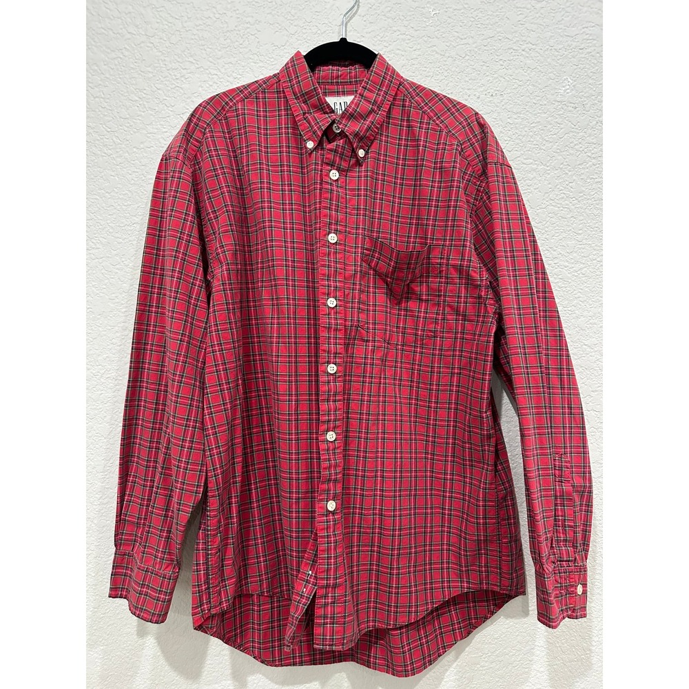 Gap‎ Mens Red Plaid Button Down Shirt Long Sleeve Cotton Tartan Check Medium